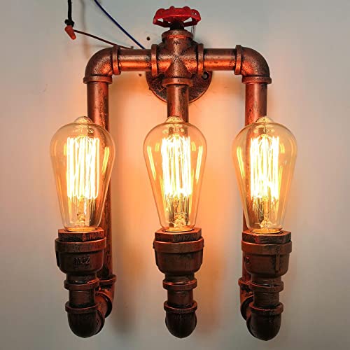 Wandleuchte Vintage, Industrielle Retro 3/4/5 Kopf Wasserrohr Wandlampe Metall Innen Lampe Dekor loft Beleuchtung für Café Bar Küche (Ohne Glühbirne) (Dreiköpfige kein Messgerät Rote Rostfarbe) von kangten