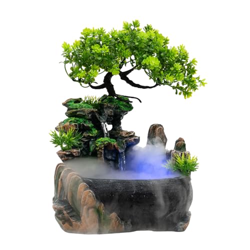 Wasserspiel LED Wasserfall Zimmerbrunnen Harz Brunnen Bonsai Wohnkultur Tischbrunnen für Büro Schlafzimmer Dekoration 17 * 15 * 18cm von kangten