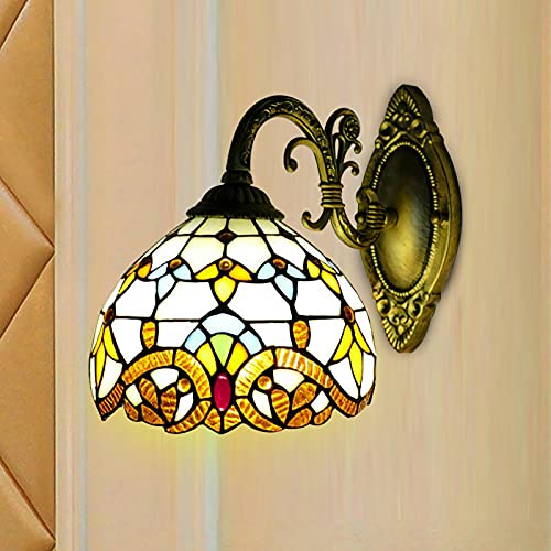 kangten Wandleuchter, Retro Wandlampe E27 Glasmalerei Lampenschirm Vintage Wandbeleuchtung Dekoration Nachttischlampe für Hotel Restaurant Schlafzimmer (Ohne Glühbirne) von kangten