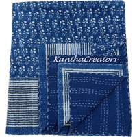 Handblock Indigo Print Kantha Quilt King Size Baumwolldecke Handgefertigte Tagesdecke Überwurf Wendebettdecke Handgenähter Winter Tröster von kanthacreators