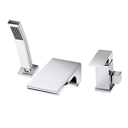 KAPHOME Römische Wanne Wasserhahn mit Handbrause Wasserfall Wannenfüller mit Sprühkopf 3 Loch Deck Mount Widespread Wasserhahn Set, Chrom, 4Y1MK von kaphome