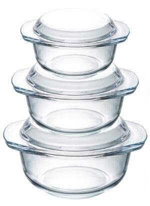 Set mit 3 Glas-Auflaufformen mit Deckel, 1+1.4+1.7L, Runder Kasserolle mit Deckel und Griffen, Ofenfest, Mikrowellengeeignet von karadrova