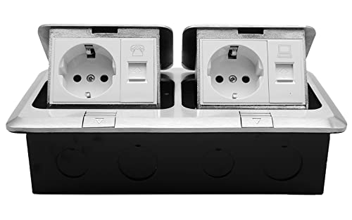 Versenkbare Bodensteckdose für Innenbereiche，innen Einbausteckdose küche, 2 Steckdosen + 1 Ethernet+ 1 Telefonanschluss, 2fach Steckdose fussbodensteckdose, ideal für Küche und Arbeitsplatte von karedle oard
