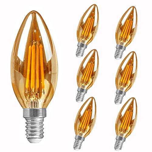 karedle oard E14 LED Glühbirne, C35 Kerze Lampe LED Filament Edison Lampe 4W (Äquivalent zu 40W), Amber Glas, 2700K warmweiß, AC 220V,Kein Hub Erforderlich,Gold,6 Stück von karedle oard