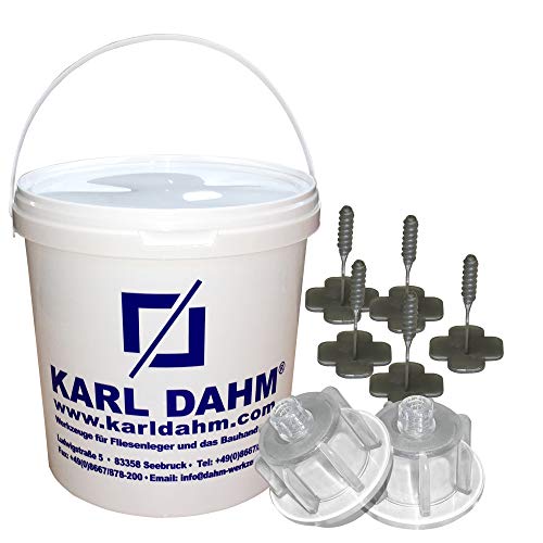 Karl Dahm Fliesen Nivelliersystem Levelmac Basis-Set für 1 mm Fugen: 50 transparente Zughauben für Fliesenstärke 3-12 mm + 250 Gewindelaschen + Eimer I Professionelle Fliesen Verlegehilfe – 12547 von Karl Dahm