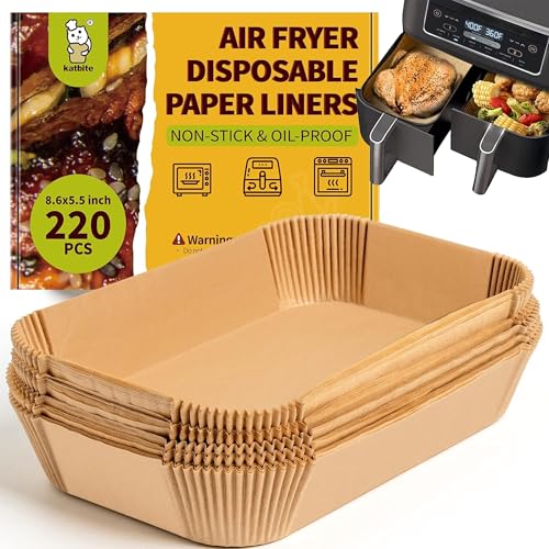 Katbite 220 Stück rechteckige Luftfritteusen-Einlagen, 21,6 x 14 cm, Einweg-Luftfritteusen-Einlagen für Ninja Dual Air Fryer, öldichte Luftfritteusen-Pergamentpapier-Einlagen für Luftfritteusenkorb von katbite