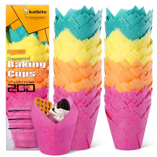 katbite Tulpen Muffinförmchen aus Papier, 200 Stück Cupcake Backbecher für Party Hochzeit Geburtstag, Muffinform in Rosa, Gelb, Orange, Grün von katbite