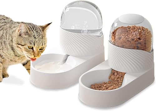 kathson Automatischer Katzenfütterer, Automatischer Schwerkraft-Hundefütterer, Automatischer Haustier-Tränkefütterer, Katzenfutterspender-Set 2L für kleine Haustiere, Welpen, Kätzchen（Weiß） von Kathson