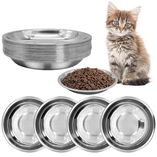 kathson Flacher Edelstahl-Katzennäpfe, 24 Stück, Schnurrhaar, Müdigkeit, Katzenschüssel, flache Hunde-Fütteruntertassen, Haustierfutter und Wasserteller, Set für Kätzchen, Welpen und andere Kleintiere von kathson