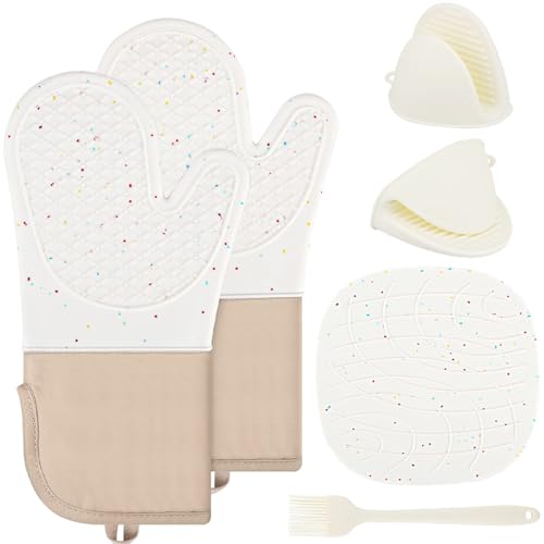 Ofenhandschuhe Topfhandschuhe (6er Set), Anti-Rutsch mit Hitzebeständige Backhandschuhe, Silikon Küchenhandschuhe Küchen Zubehör Backofen Handschuhe with Untersetzer Topf & Klebehaken & Bürste von katmerio