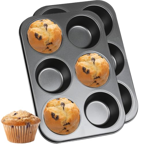 katmerio 2 Stück Muffinform 6er Antihaft Backblech, Kohlenstoffstahl Muffin Back blech, Spülmaschinengeeignet, Antihaftbeschichtet Backblech Backform für Cupcakes, Brownies, Kuchen, 26 x18 x 3cm von katmerio