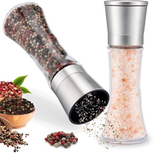katmerio 2er Set Salz und Pfeffermühle, Pfeffer und Salzmühle, Gewürzmühlen Set mit Verstellbarem Keramikmahlwerk, Edelstahl Gewürzmühle für Gewürze, Pfeffer, Salz und Chilli von katmerio