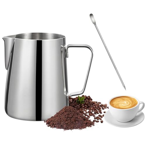 katmerio 350 ml Edelstahl Aufschäumkännchen, 304 Edelstahl Milchaufschäumer und Latte Art Pen, Barista Zubehör, Milchkännchen perfekt für Barista Cappuccino Espresso von katmerio