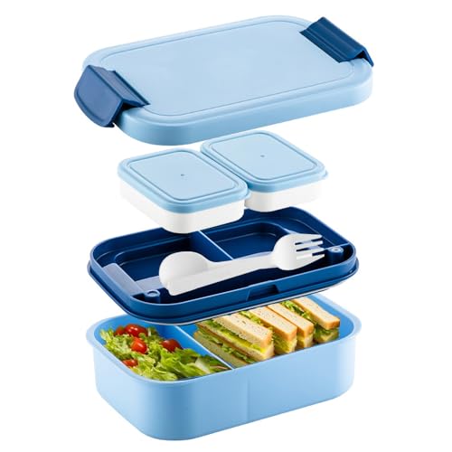 katmerio Lunch Box, Bento Box, Brotdose für Kinder und Erwachsene, 1900ml Auslaufsicher Lunchbox, Brotdose Mit Besteck und Saucenbox für Schule, Picknick & Reisen von katmerio