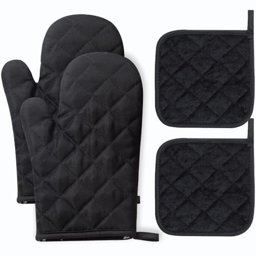 katmerio Ofenhandschuhe Topflappen 4er Set, Mikrowellen Handschuhe Ofenhandschuhe, Hitzebeständig bis 230°C, Backhandschuhe Anti-Rutsch Kochhandschuhe zum Kochen, Backen und Grillen (Schwarz) von katmerio