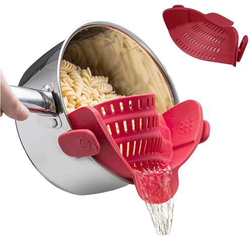katmerio Schnappsieb aus Silikon,hitzebeständig, zum Anklippen, Sieb für Reis, Pasta, Spaghetti, gemahlenes Rind, universelle Passform für alle Töpfe und Schüsseln(Rot) von katmerio