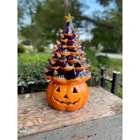 Halloween Keramik Kürbis Baum Schwarz Orange Leuchten von kattmidora