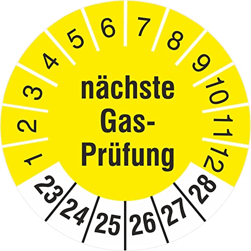 10 Stück Nächste Gasprüfung 30mm Prüfetikett Prüfplaketten Rollenware gelb 2023-28 von kaufdeinschild