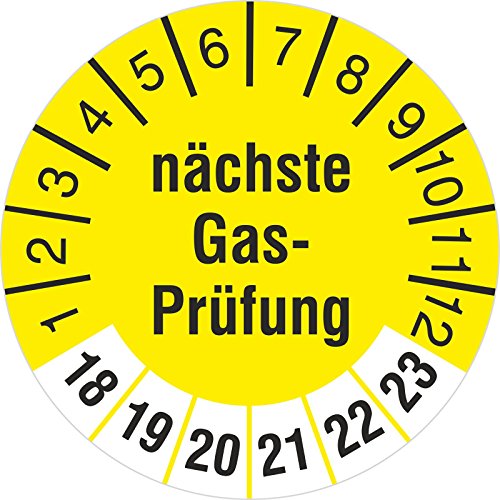 10 Stück nächste Gasprüfung Prüfetiketten/Prüfplaketten Flüssiggasmotor 30 mm rund 2018-23 von kaufdeinschild