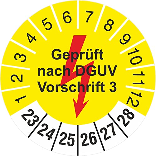 200 Stück Prüfetiketten 18mm Geprüft nach DGUV Vorschrift 3 gelb mit Blitz 2023-2028 200 Stück Prüfetiketten 18mm Geprüft nach DGUV Vorschrift 3 gelb mit Blitz 2023-2028 von kaufdeinschild
