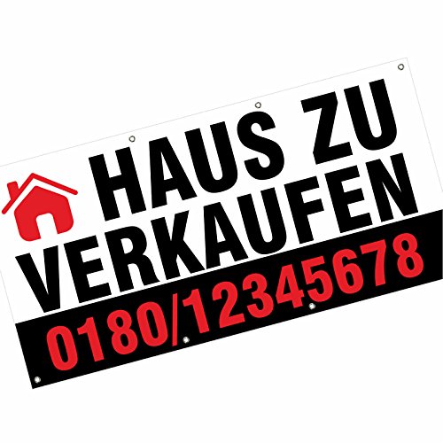 Banner Haus zu ver kaufen mit Ihrem Wunschdruck Text Telefonnummer 2x1m LKW Plane 510g von kaufdeinschild