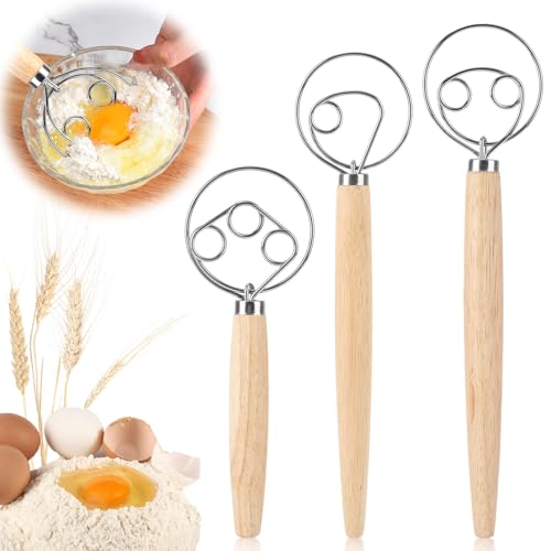 3 Stück Dänischer Teigbesen, Dänischer Schneebesen, Eierschläger mit Holzgriff, Brotteigmischer mit Doppellöchern zum Backen von Brot, Teig, Kuchen, Gebäck, Pizzateig von kayqbonke