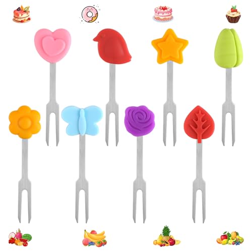 Obstgabeln aus Edelstahl, Mini Piekser Fingerfood Kinder, Wiederverwendbare Obstgabeln Kinder mit Silikon Deko, Food Picks für Obst, Kuchen und Dim Sum von kayqbonke