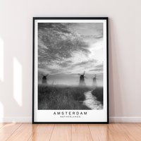 Amsterdam Print Windmühlen Mühle Reise Poster Minimalist Home Travel Dusk Dawn Wandkunst von kazaloop