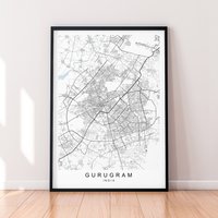 Gurugram Stadt Indien Karte Print Poster Minimalist Home Gurgaon Wand Kunst Dekor von kazaloop