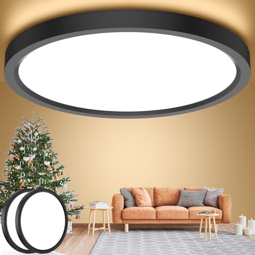 kazazoo [2 Stücke] Deckenlampe LED Deckenleuchte 18W, 4000K, IP44 Wasserfest Badezimmer Lampe, Ultra Dünn Ø23cm LED Panel, Schwarz Rund Flurlampe Ideal für Bad/Flur/Schlafzimmer/Keller/Balkon von kazazoo