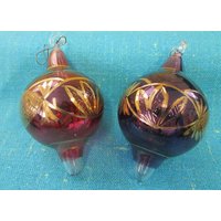 2 Vintage Glass One Purple Pink Gold Geätzte Teardrop Weihnachtsschmuck, 4 "T - Lila Und Goldverzierung, Rosa Goldverzierung von kchoos