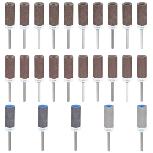 25 Schleifhülsen Satz für Dremel Rotationswerkzeug,180/240/600/1000/1500/2000 Körnung Schleifhülsen Schleifwalzen Set,Schleifaufsätze mit 3mm Schaft Schleifkappen,Schleifzylinder für Schleifen Rosten von kebitedamai