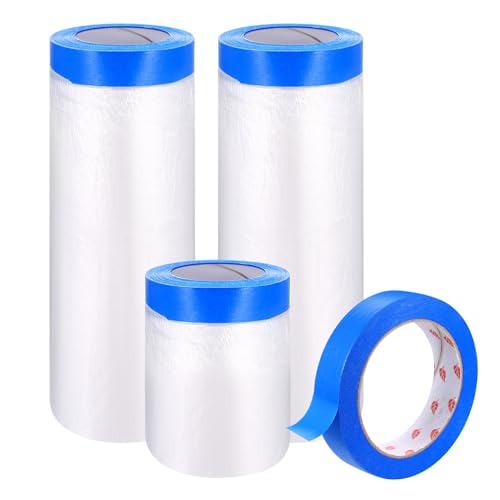 3 Rollen Malerfolie Abdeckfolie mit Klebeband,Abklebeband Malerarbeiten,Malerkrepp mit Folie,Maler Abdeckfolie Malerfolie mit Klebeband mit Folie,Malerband für Fenster Türen Abklebefolie(3 Größen) von kebitedamai