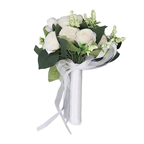 keebgyy Hochzeitssträuße für die Braut, Kunstseiden-Rosenblumen-Blumenstrauß für die Hochzeit, Brautjungfern-Blumenstrauß, Hochzeit, Romantische Blumensträuße für Hochzeitsfeier,(Milchig weiß) von keebgyy