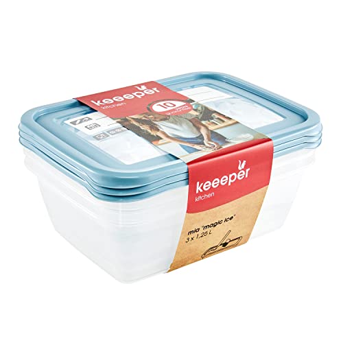 keeeper Tiefkühldosenset 3-teilig, Wiederbeschreibbarer Deckel, 3 x 1,25 l, 20,5 x 15,5 x 6,5 cm, Mia Magic Ice, Nordic Blue von keeeper