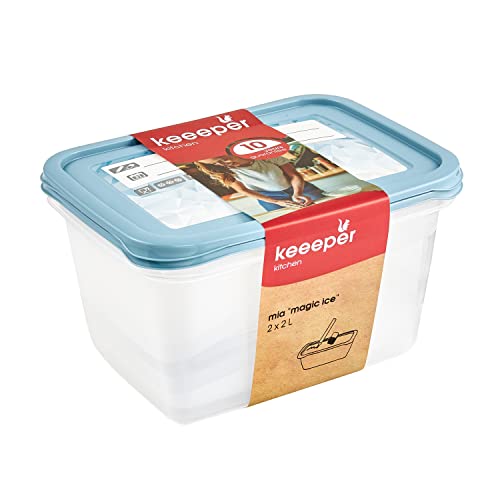 keeeper Tiefkühldosenset 2-teilig, Wiederbeschreibbarer Deckel, 2 x 2 l, 20,5 x 15,5 x 10,5 cm, Mia Magic Ice, Nordic Blue von keeeper