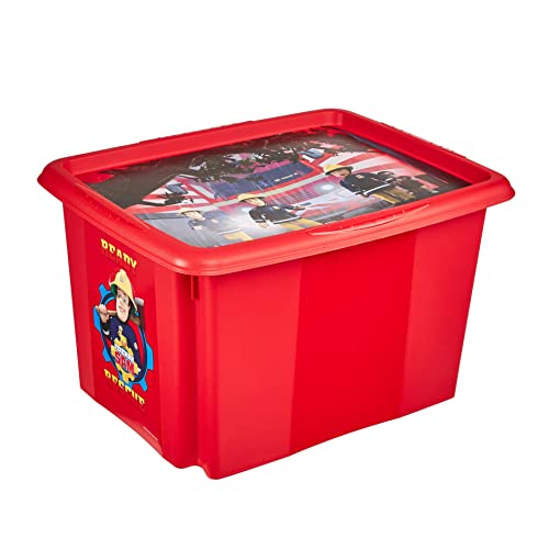 keeeper Feuerwehrmann Sam Aufbewahrungsbox mit Deckel, Dreh- und stapelbar, Für Kinder, 30 l, Karolina, Cherry Red von keeeper