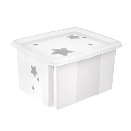 keeeper Stars Aufbewahrungsbox mit Deckel, Dreh- und stapelbar, Für Kinder, 24 l, Karolina, Nordic White von keeeper