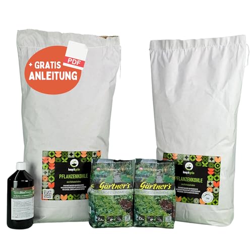 Terra Preta Starter-Set | 14kg Pflanzenkohle & 5kg Urgesteinsmehl & 1l wichtige Mikroorganismen | zum selber anmischen | dauerhaft fruchtbare Erde (400l Terra Preta Set) von keep it grün