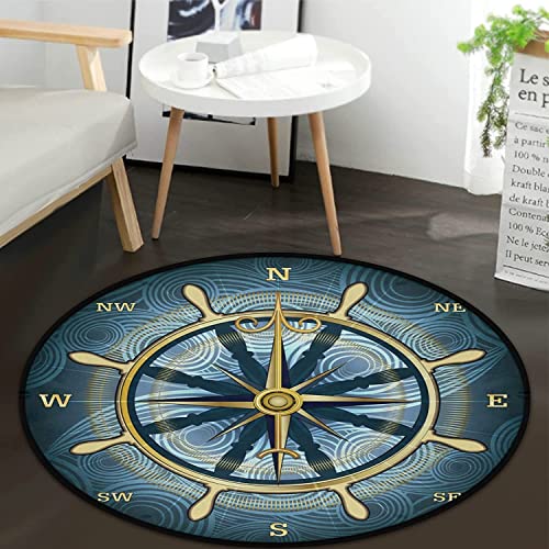 Teppich mit blauem Kompass-Rosen, rutschfest, rund, für Schlafzimmer, Wohnzimmer, Arbeitszimmer, Spiel, nautischer Teppich, Bodenmatte, 1,5 x 1,5 m, rund von keepcute