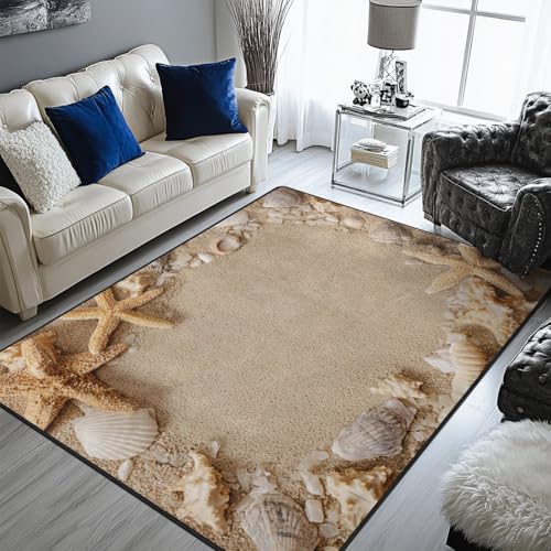 keepcute Teppich mit Strandmotiven, 1,5 x 2,1 m, rutschfeste Teppiche, Muscheln und Seestern-Bodenteppich, Sandbeige, Design-Teppich, Dekoration für Wohnzimmer, Schlafzimmer, Wohnzimmer, Arbeitszimmer von keepcute