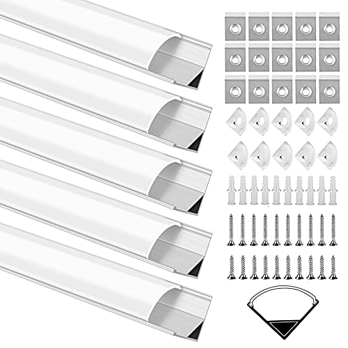 kefflum LED Profil 5x1m, 5-Pack LED Aluminium Profil V-Form Eckprofil Leisten LED-Kanäle mit Abdeckung, Endkappen und Montageclips für LED-Streifen Strips/Band bis 10mm von kefflum