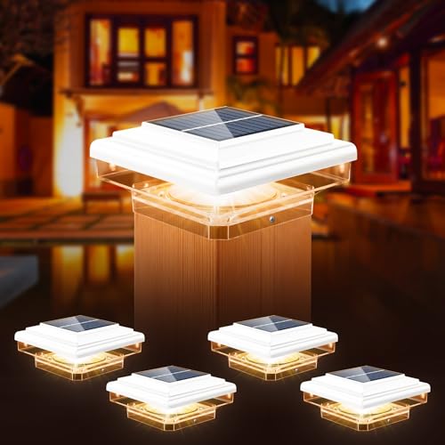 kefflum Solar Pfostenkappen Licht,Solar Pfostenleuchte Außen,8LED Solar Zaunpfosten Lampe Solarlampe Außen Säulenlampe IP65 Wasserdicht für hölzerne Pfosten,Patio,Zaun beleuchtung(Weiß,4 Stück) von kefflum