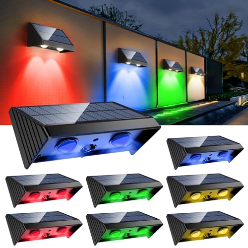 kefflum Solarlampen für Außen 8 Stück Solar Wandleuchte Aussen RGB Solar Zaunleuchten für Außen,Wasserdichte Solarleuchten Garten Dekoration mit 4 Farben LED Solar Gartenleuchten für Terrasse Zäune von kefflum