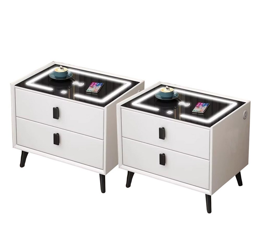 LOVONLIVE Nachttisch 2er Set Nachtkommode mit 2 Schublade,Nachtschrank 3 Farblicht dimmbar (2er Set), mit kabellose Ladestation,Touch-Screen, für Schlafzimmer,Wohnzimmer von LOVONLIVE