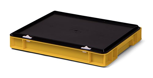Euro-Transport-Stapelbox/Lagerbehälter, gelb, mit schwarzem Verschlußdeckel, 400x300x61 mm (LxBxH), Wände u. Boden geschlossen, aus PPN von keine Angabe