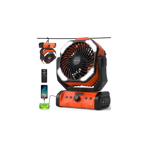 kejector Tragbarer Camping Ventilator, 24000mAh 3-in-1 Akku Ventilator mit LED-Licht, Oszillierender, Wiederaufladbarer Ventilator mit Variabler Geschwindigkeit für Grillen, Angeln, Zuhause von kejector