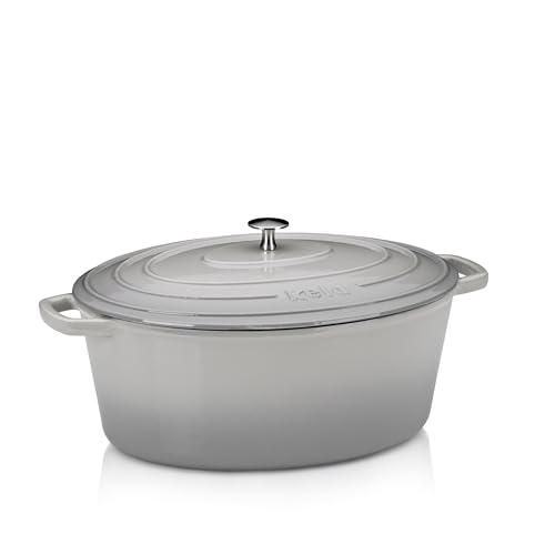 kela Bräter Gusseisen oval 9,3 Liter, Dutch Oven CALIDO, Induktion Gussbräter mit Deckel backofengeeignet, Gusseisen Topf emailliert, hellgrau von kela
