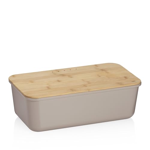 kela Brotkasten grau mit Lüftungslöcher 38x21x12,5cm, FSC Bambusdeckel als Schneidebrett, Brotbox Kunststoff, APART, Brotaufbewahrungsbox von kela