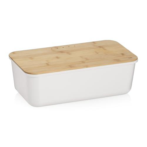 kela Brotkasten weiß mit Lüftungslöcher 38x21x12,5cm, FSC Bambusdeckel als Schneidebrett, Brotbox Kunststoff, APART, Brotaufbewahrungsbox von kela